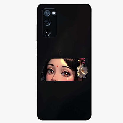 Radha Divine Embrace Glass Case showing flat back view with devotional Radha artwork and glossy glass finish.