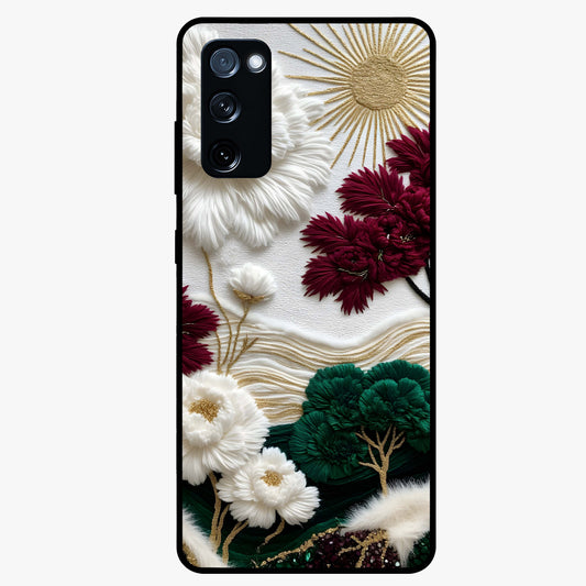 Radiant Bloom Elegance Glass Case showing flat back view with elegant blooming flower artwork and glossy glass finish.