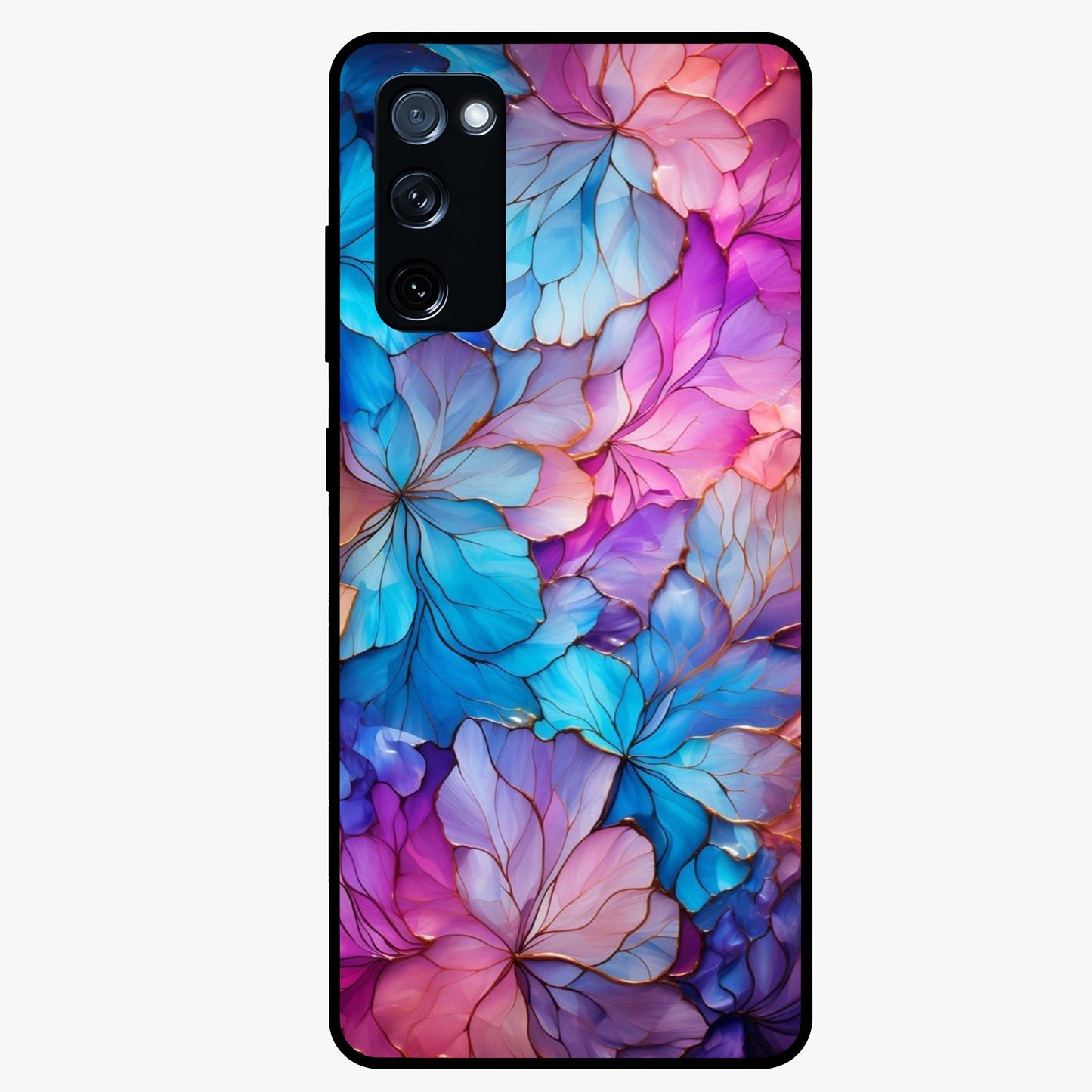 Radiant Floral Whirl Glass Case showing flat back view with swirling floral artwork and glossy glass finish.