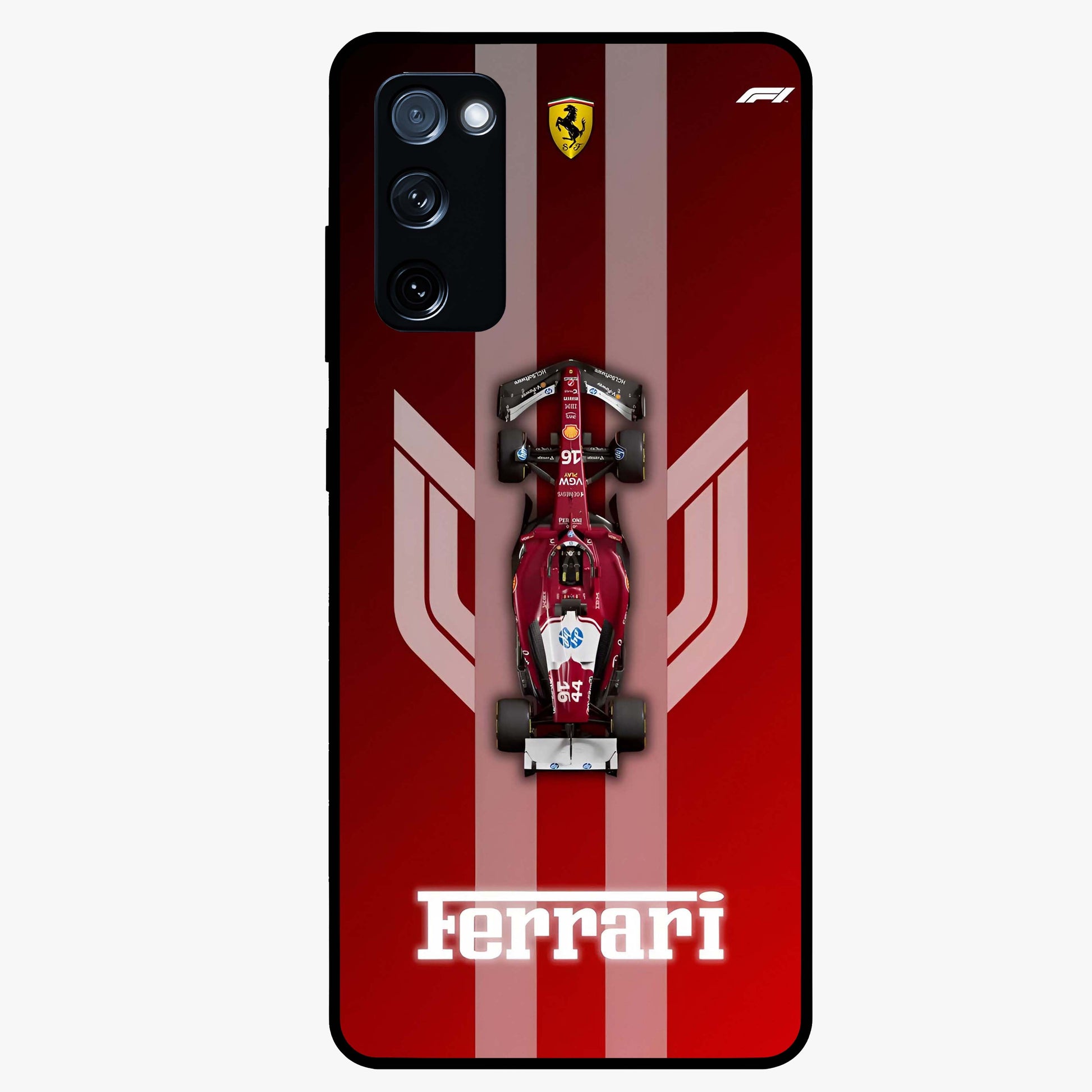 Red Ferrari F1 Vertical Glass Case showing flat back view with sleek Formula racing car artwork and glossy glass finish.