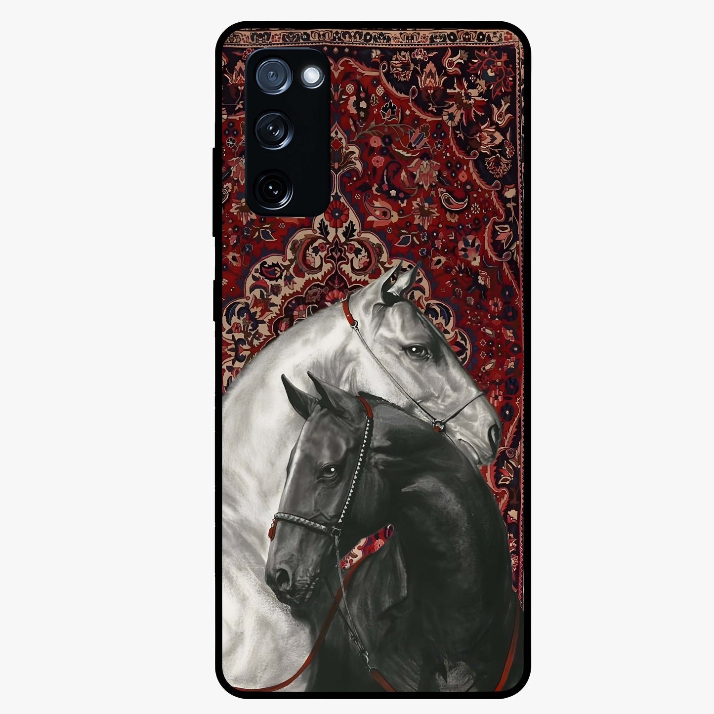 Regal Stallion Tapestry Glass Case showing flat back view with majestic horse tapestry artwork and glossy glass finish.