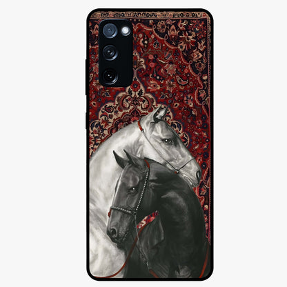 Regal Stallion Tapestry Glass Case showing flat back view with majestic horse tapestry artwork and glossy glass finish.