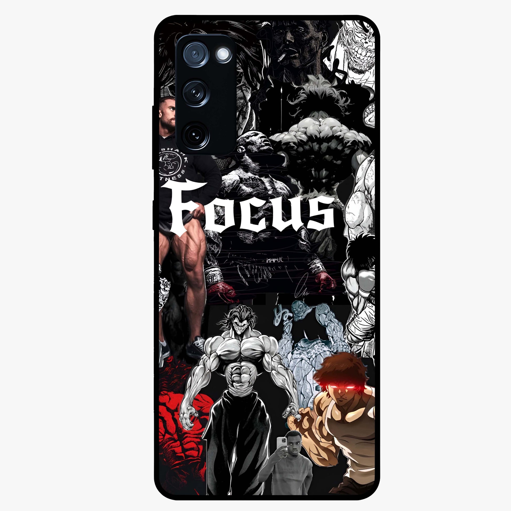 Relentless Power Focus Glass Case showing flat back view with motivational typography artwork and glossy glass finish.