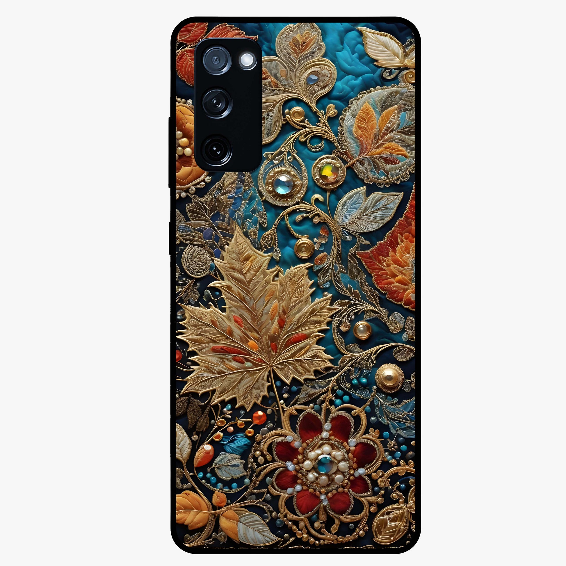 Royal Jewel Garden Glass Case showing flat back view with decorative floral garden artwork and glossy glass finish.