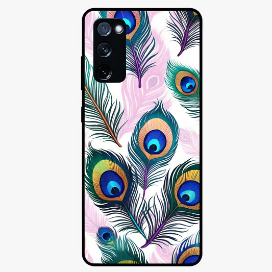 Royal Peacock Feathers Glass Case showing flat back view with colorful peacock feather artwork and glossy glass finish.