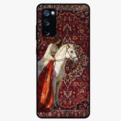 Royal Rider Tapestry Glass Case showing flat back view with majestic horse rider tapestry artwork and glossy glass finish.