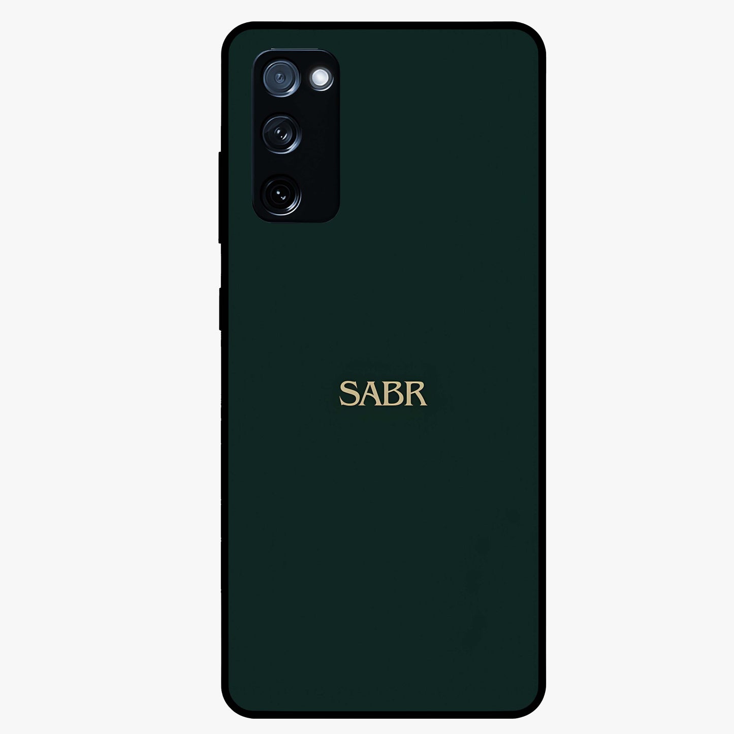 Sabr Minimal Patience Glass Case showing flat back view with minimalist typography artwork and glossy glass finish.