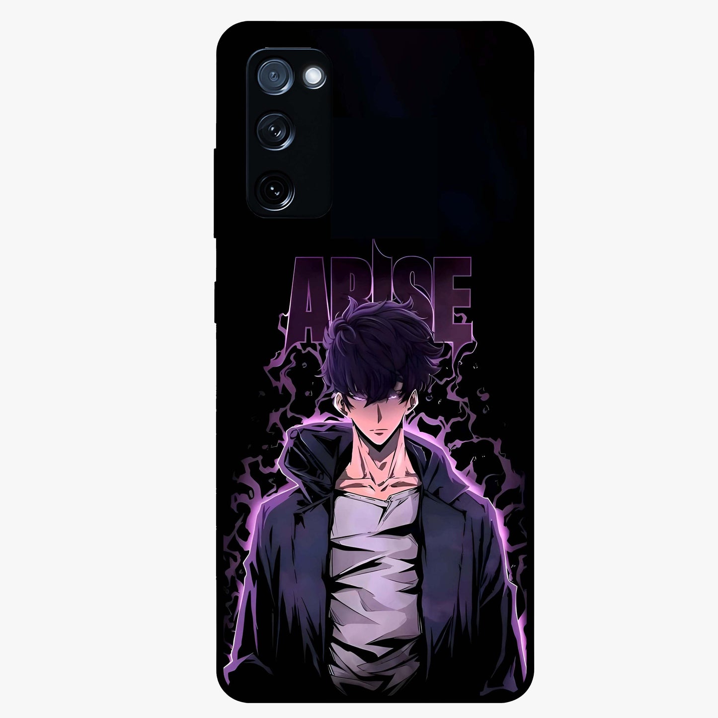 Shadow Monarch Awakening Glass Case showing flat back view with powerful dark monarch themed artwork and glossy glass finish.