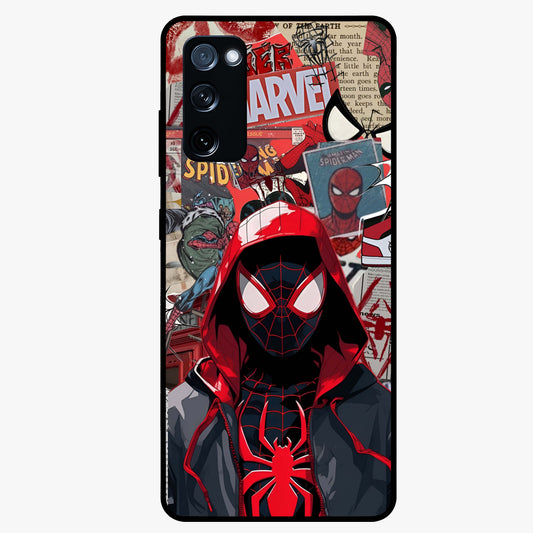 Spider Collage Street Glass Case showing flat back view with vibrant superhero collage artwork and glossy glass finish.