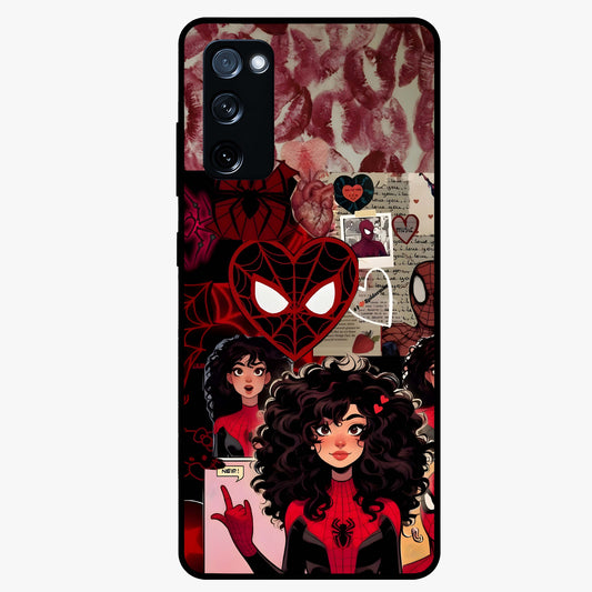 Spider Love Story Glass Case showing flat back view with romantic superhero themed artwork and glossy glass finish.