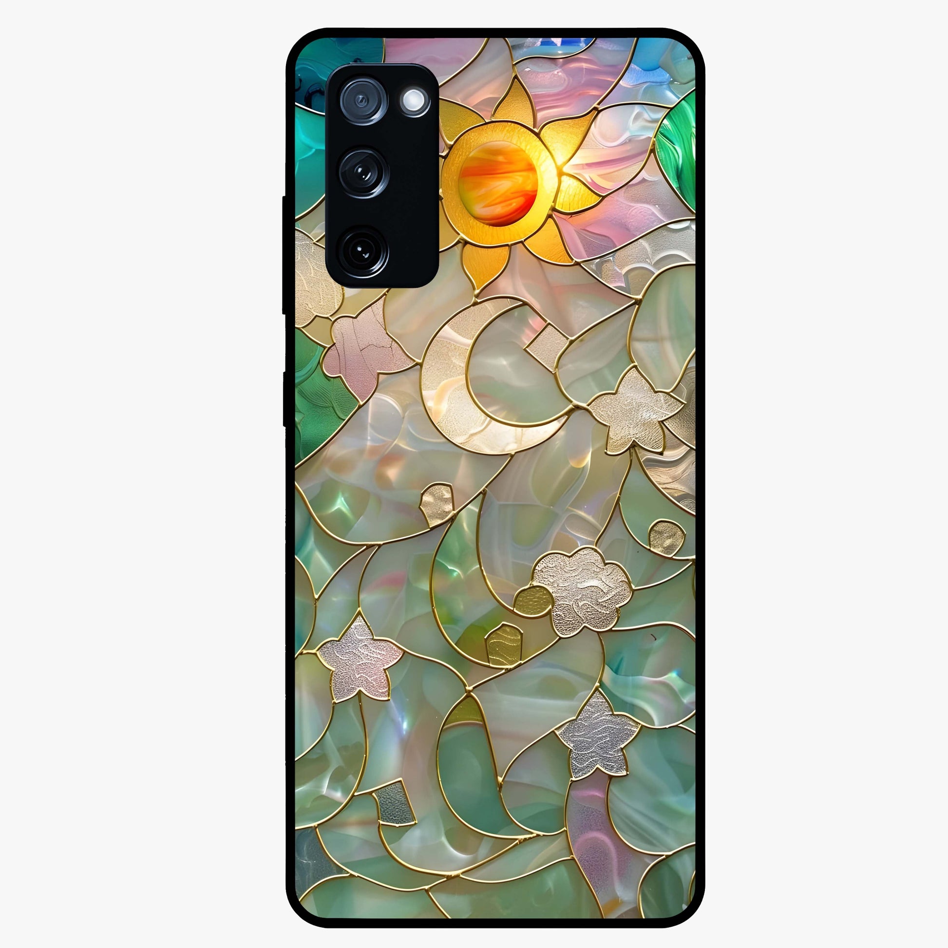 Stained Sunrise Glow Glass Case showing flat back view with glowing sunrise stained pattern artwork and glossy glass finish.