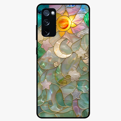Stained Sunrise Glow Glass Case showing flat back view with glowing sunrise stained pattern artwork and glossy glass finish.