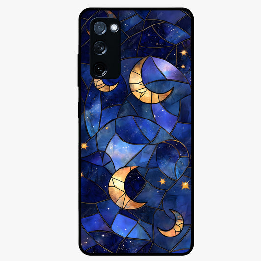 Starlit Sky Tapestry Glass Case showing flat back view with decorative starry sky tapestry artwork and glossy glass finish.