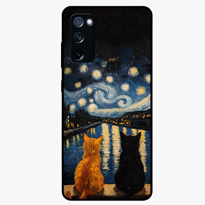Starry River Cats Glass Case showing flat back view with cats by a starry river artwork and glossy glass finish.