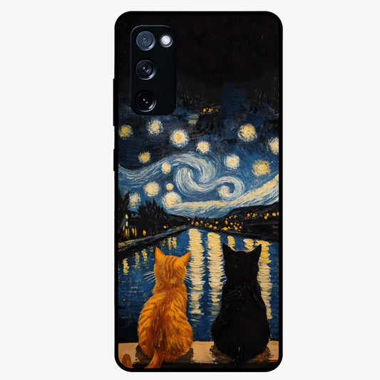 Starry River Cats Glass Case showing flat back view with cats by a starry river artwork and glossy glass finish.