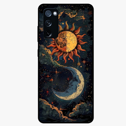 Sun And Moon Magic Design Glass Case showing flat back view with mystical sun and moon artwork and glossy glass finish.