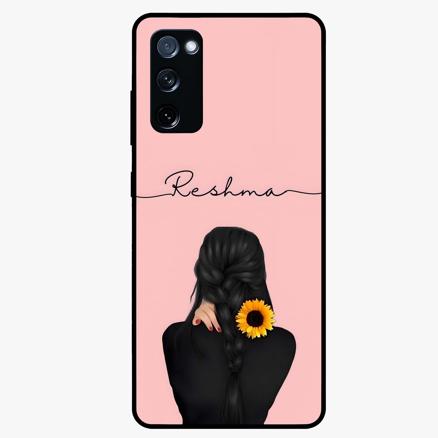 Sunflower Braid Beauty With Custom Name Glass Case showing flat back view with sunflower braid artwork and personalized name design.