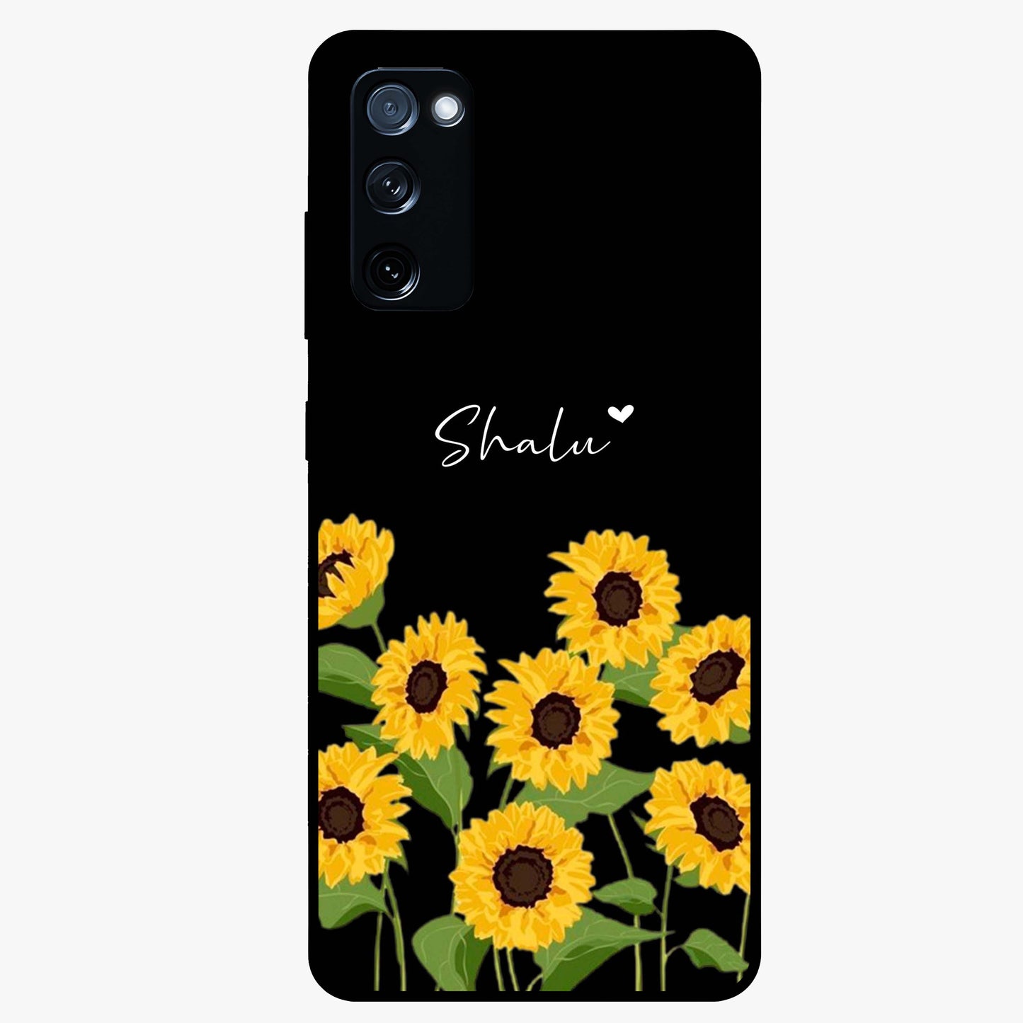 Sunflower Chic Mood Custom Name Glass Case showing flat back view with stylish sunflower artwork and personalized name design.