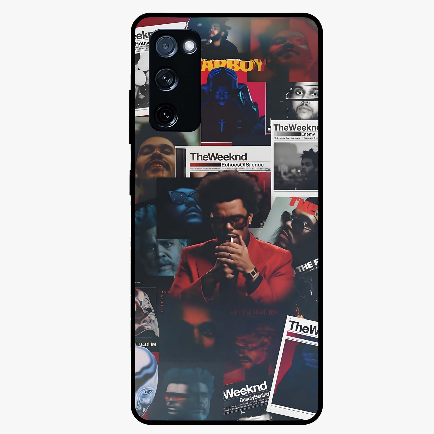 The Weeknd Glass Case showing flat back view with music inspired artistic portrait artwork and glossy glass finish.