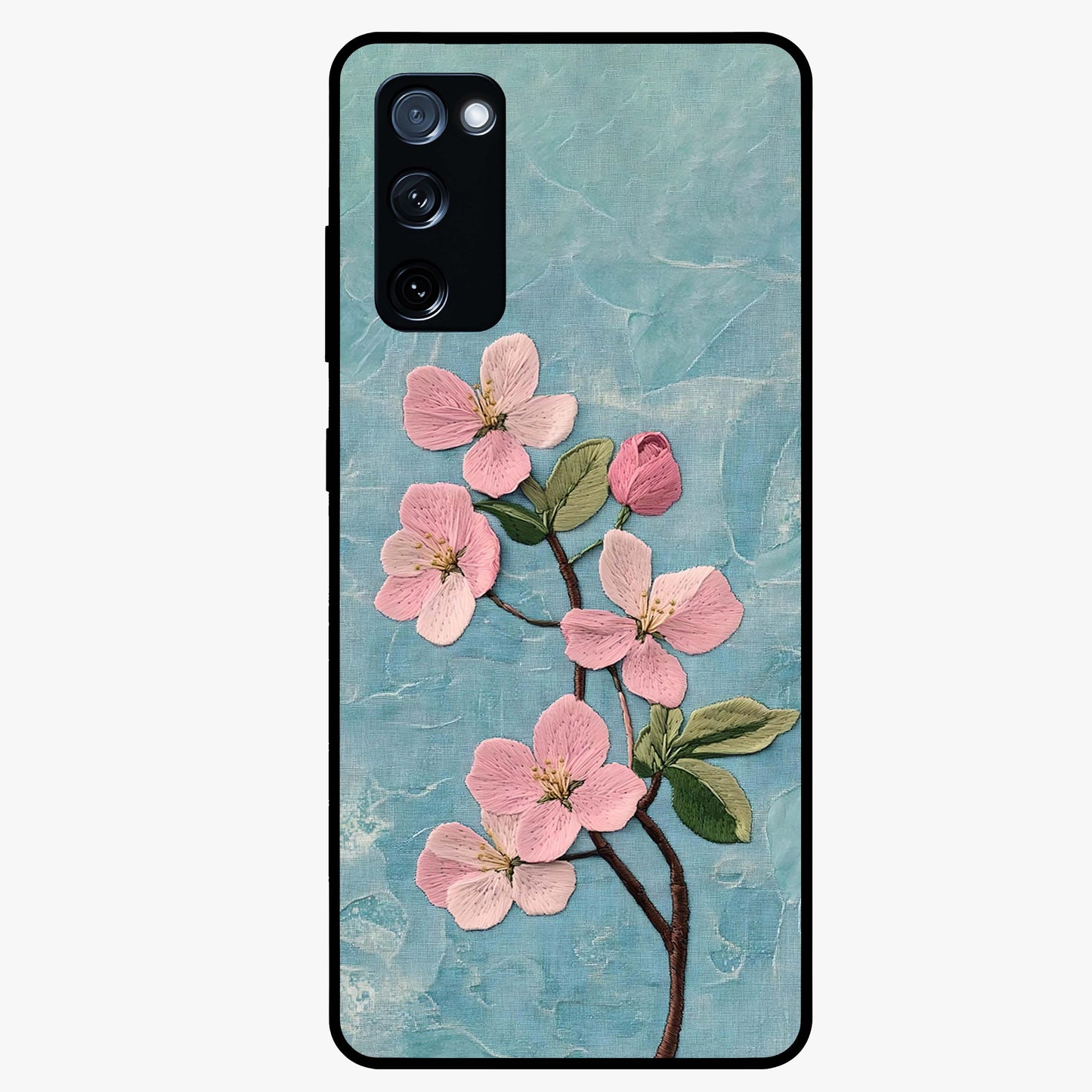 Threaded Blossom Breeze Glass Case showing flat back view with delicate blossom artwork and glossy glass finish.