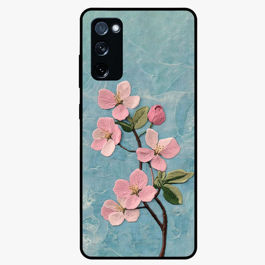 Threaded Blossom Breeze Glass Case showing flat back view with delicate blossom artwork and glossy glass finish.