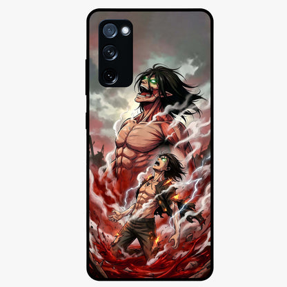 Titan Awakening Fury Glass Case showing flat back view with powerful titan inspired artwork and glossy glass finish.