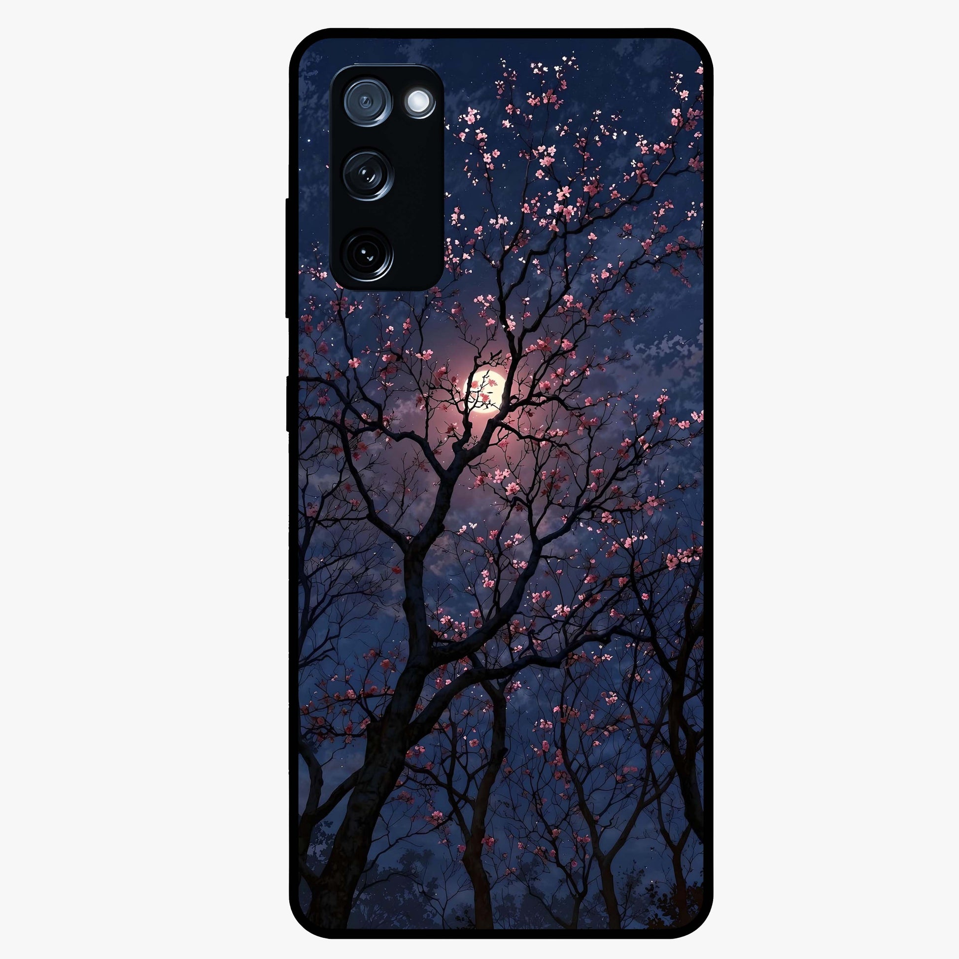 Twilight Sakura Serenade Glass Case showing flat back view with cherry blossom artwork at twilight and glossy glass finish.