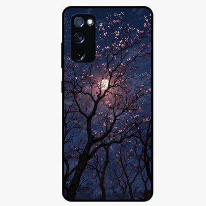 Twilight Sakura Serenade Glass Case showing flat back view with cherry blossom artwork at twilight and glossy glass finish.