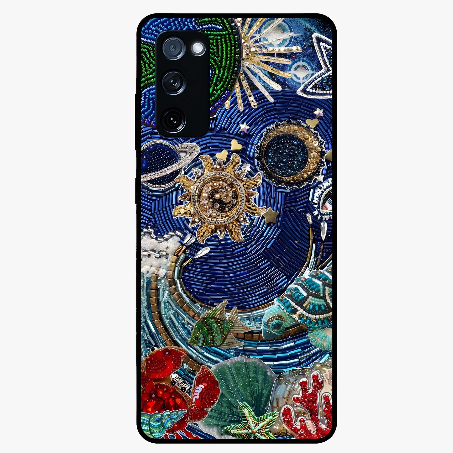 Universe Underwater Spark Glass Case showing flat back view with cosmic underwater themed artwork and glossy glass finish.