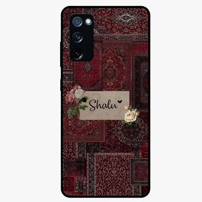 Velvet Wine Pattern Custom Name Glass Case showing flat back view with elegant wine colored pattern artwork and personalized name design.