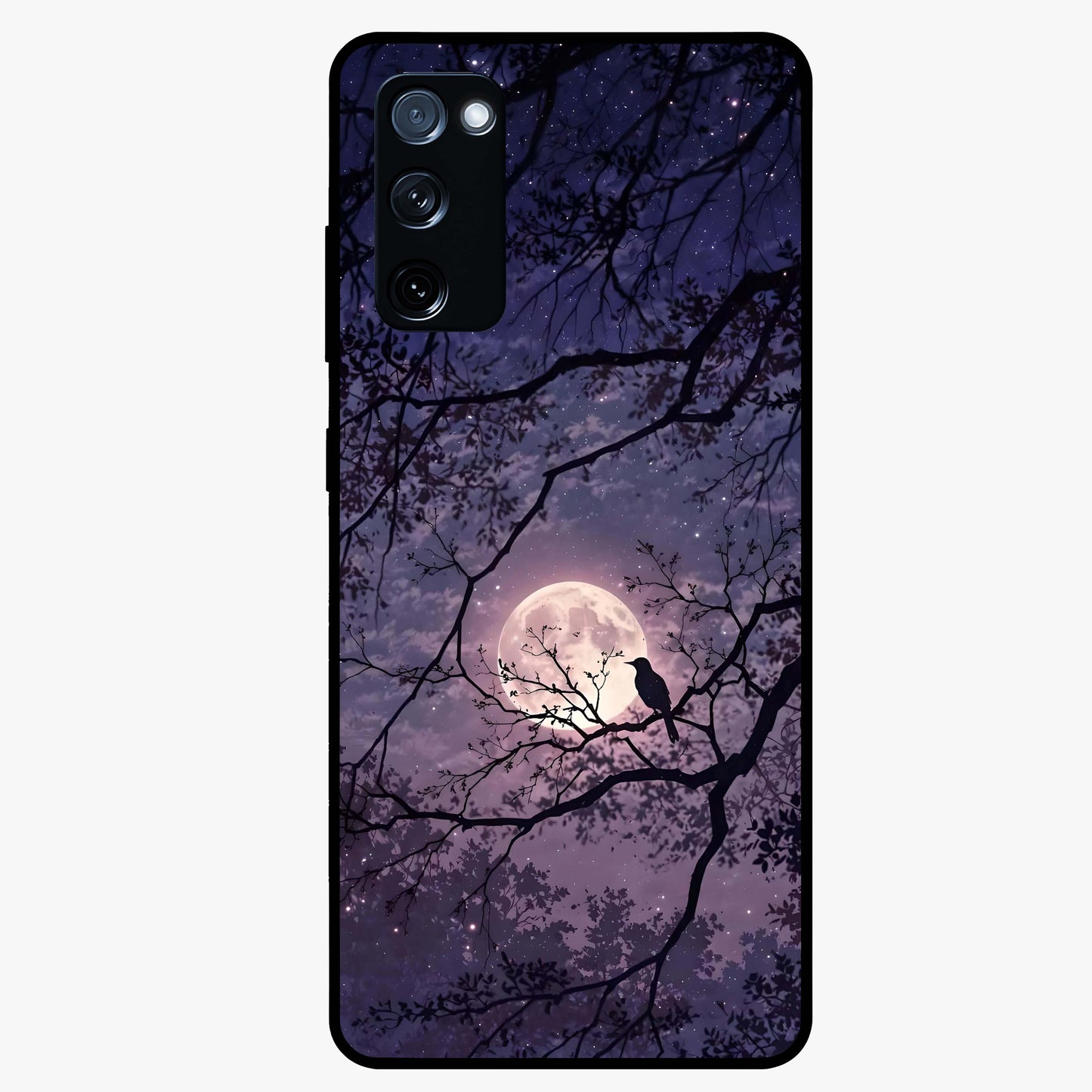 Whispering Moon Silence Glass Case showing flat back view with serene moon themed artwork and glossy glass finish.