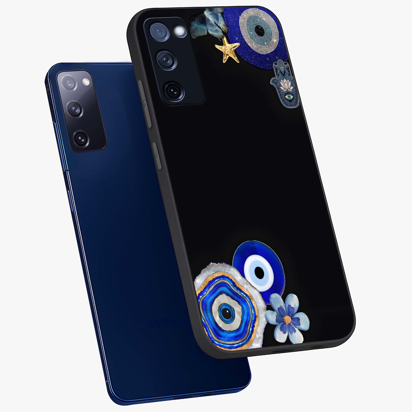 Aesthetic Blue Evil Eye Glass Case displayed in angled mockup highlighting blue evil eye symbol and spiritual aesthetic design.