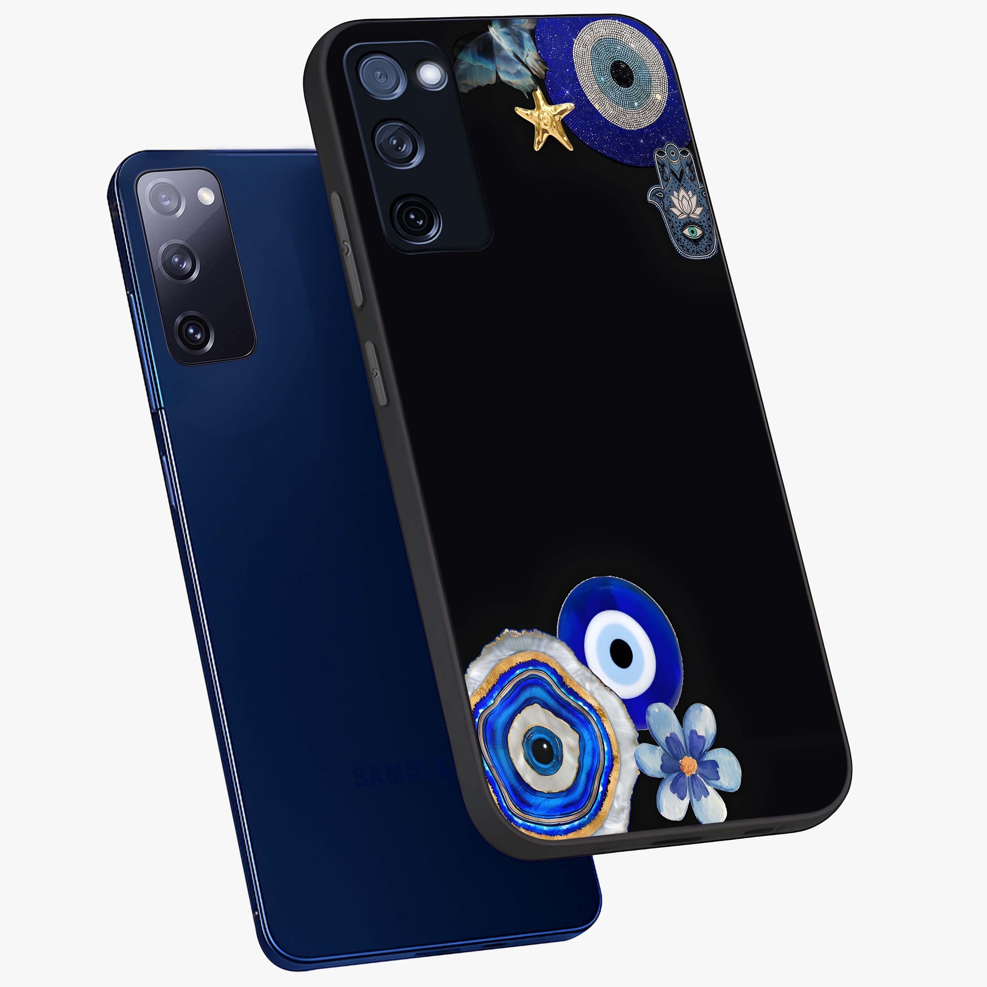 Aesthetic Blue Evil Eye Glass Case displayed in angled mockup highlighting blue evil eye symbol and spiritual aesthetic design.