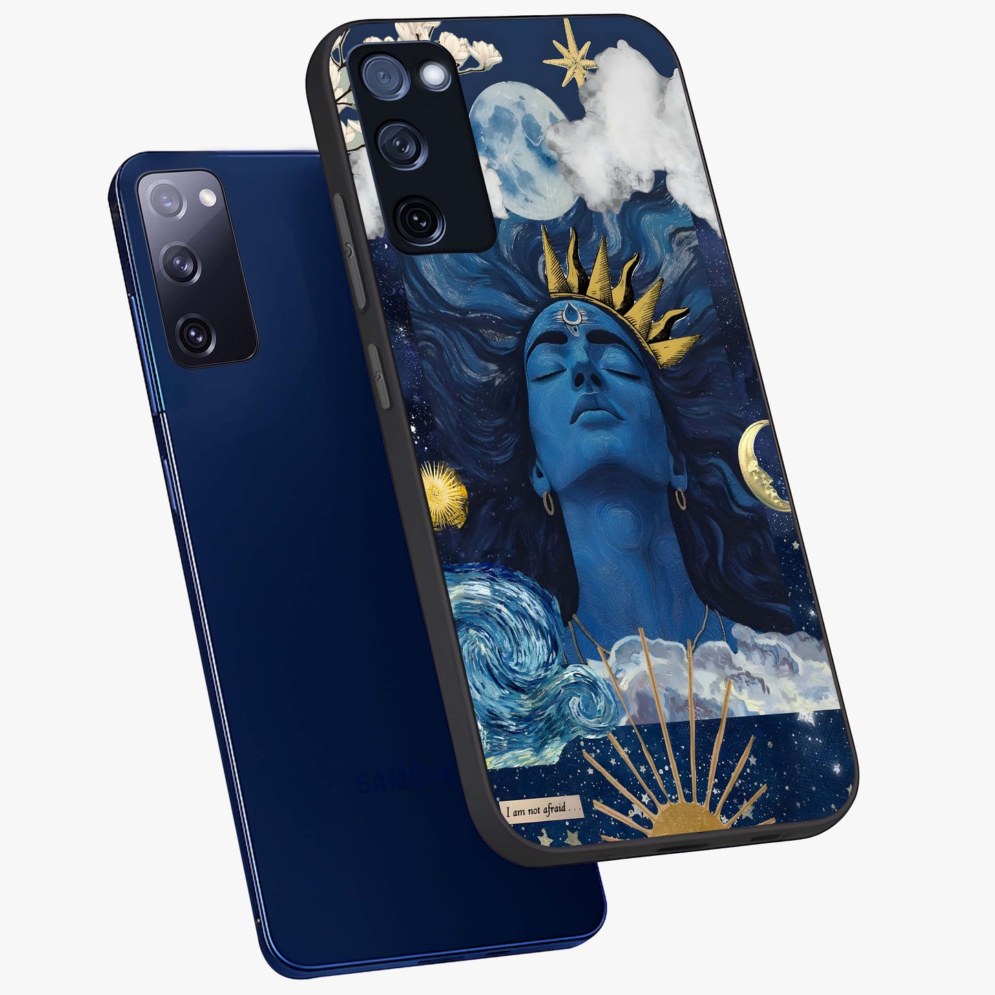 Aesthetic Lord Shiva Glass Case displayed in angled mockup highlighting spiritual Shiva illustration and sacred aesthetic design.