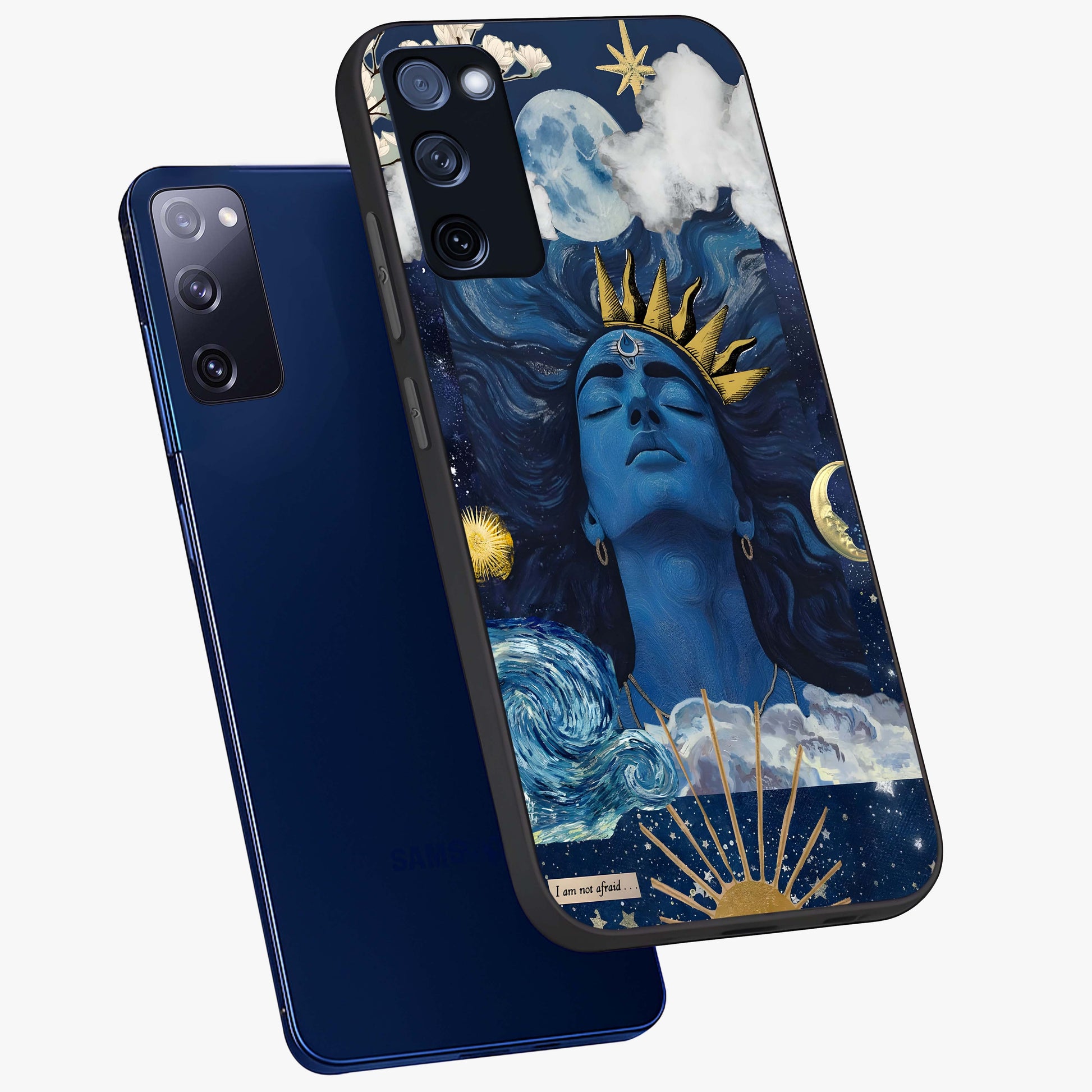 Aesthetic Lord Shiva Glass Case displayed in angled mockup highlighting spiritual Shiva illustration and sacred aesthetic design.