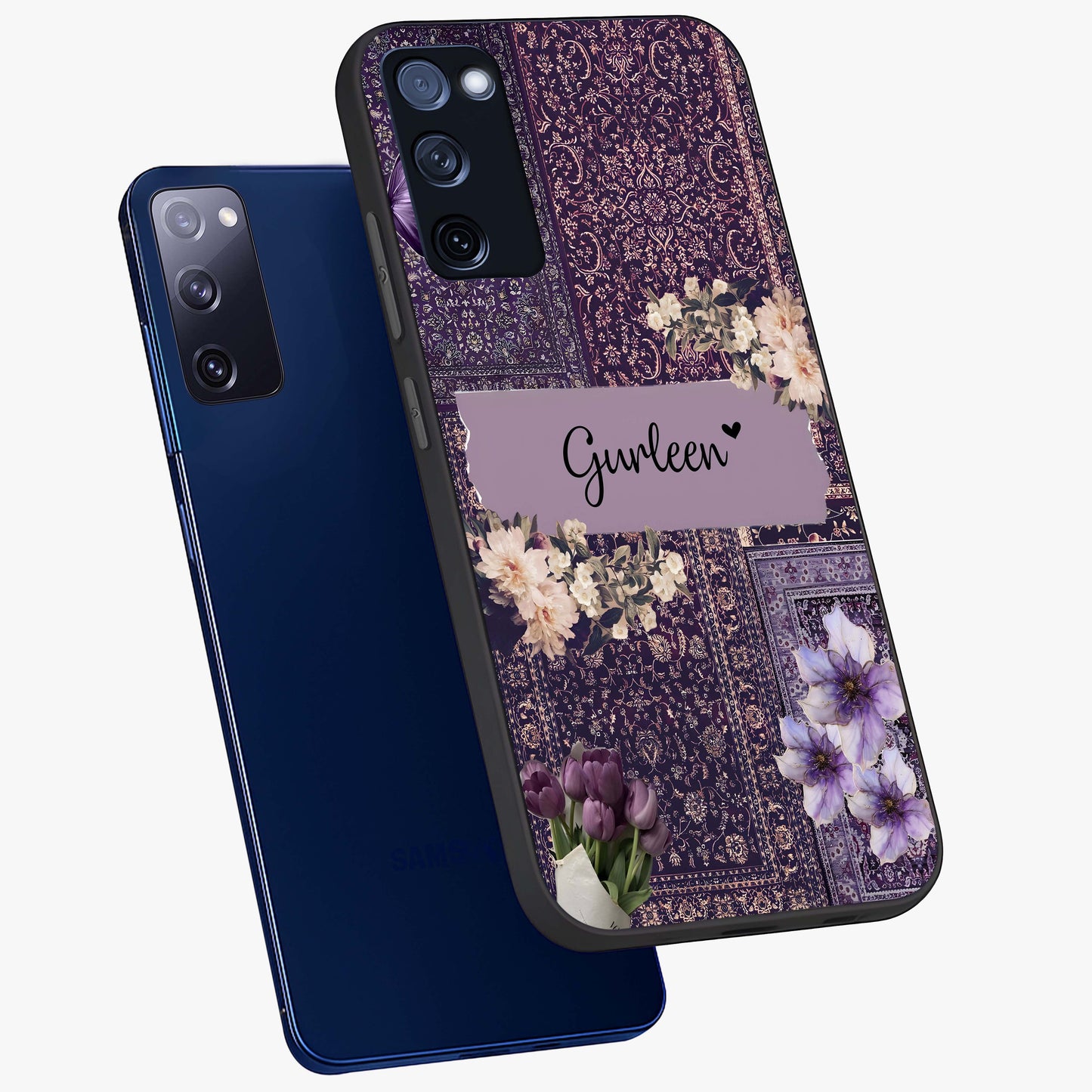 Antique Floral Whisper Custom Name Glass Case displayed in angled mockup highlighting elegant antique floral aesthetic.