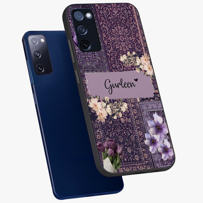 Antique Floral Whisper Custom Name Glass Case displayed in angled mockup highlighting elegant antique floral aesthetic.