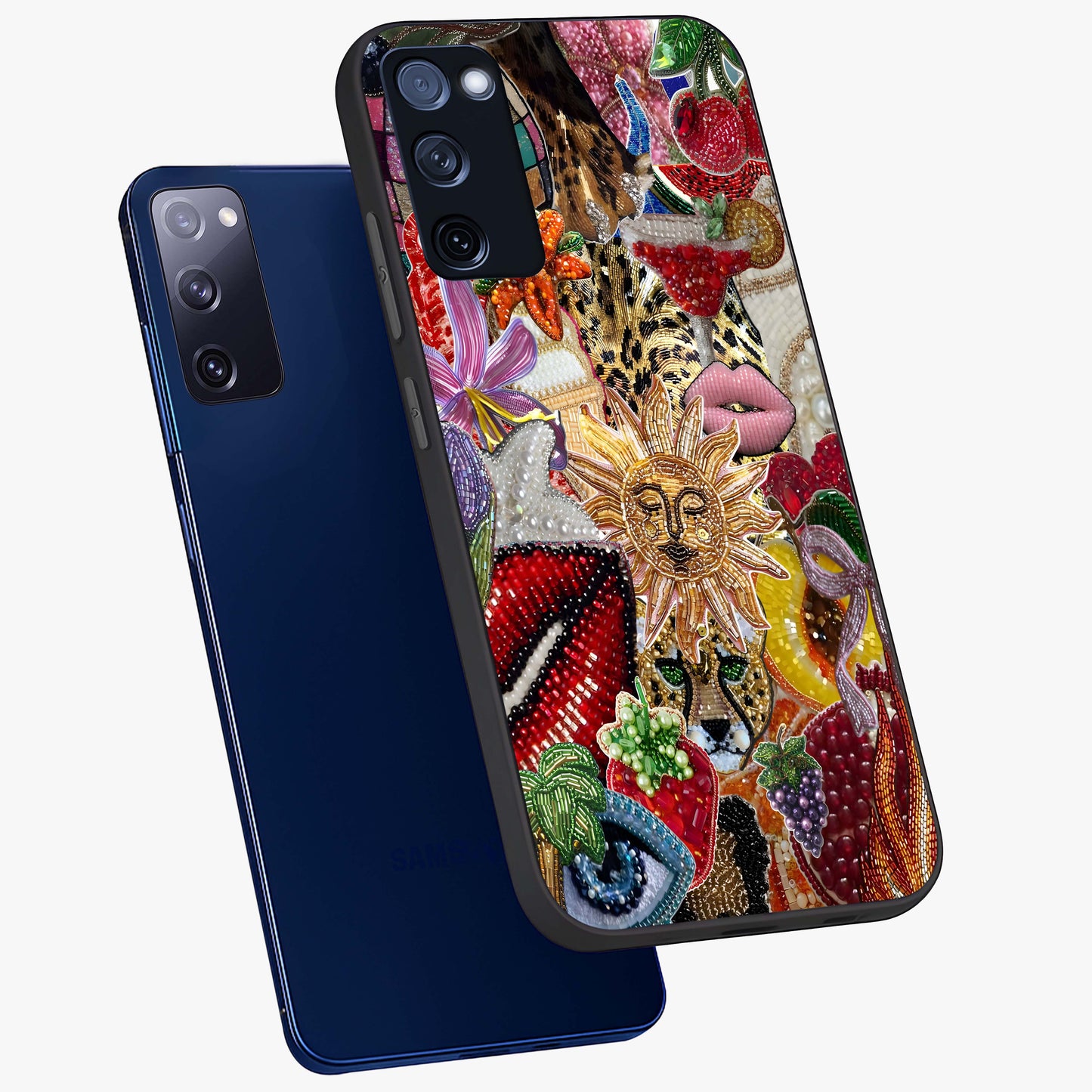 Beaded Fashion Jungle Glass Case displayed in angled mockup highlighting colorful fashion bead design and artistic pattern.