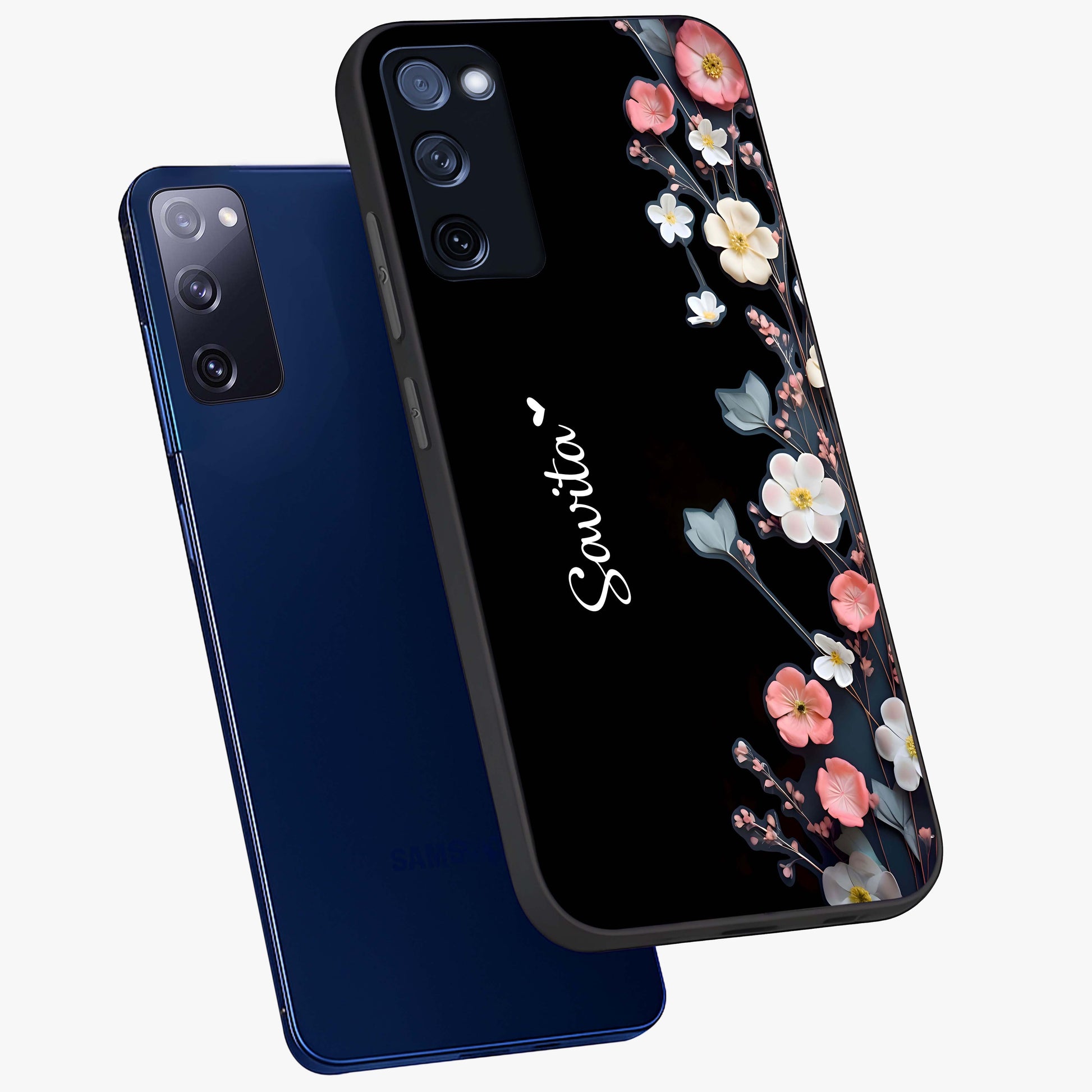 Black Elegance Floral Custom Name Glass Case displayed in angled mockup highlighting dark floral aesthetic and custom name feature.