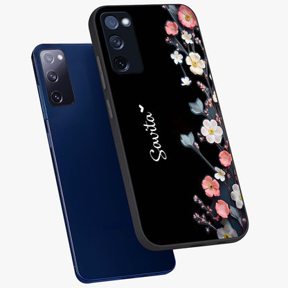 Black Elegance Floral Custom Name Glass Case displayed in angled mockup highlighting dark floral aesthetic and custom name feature.