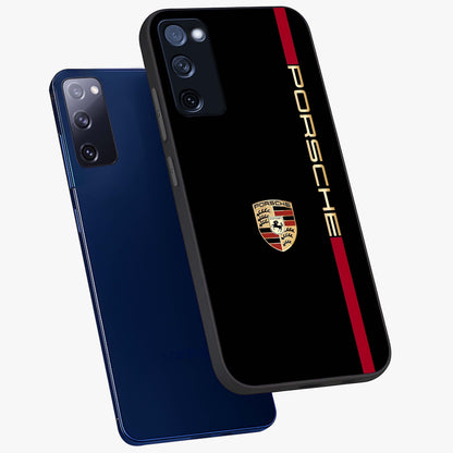 Black Minimal Porsche Glass Case displayed in angled mockup highlighting modern minimal car illustration and clean aesthetic design.