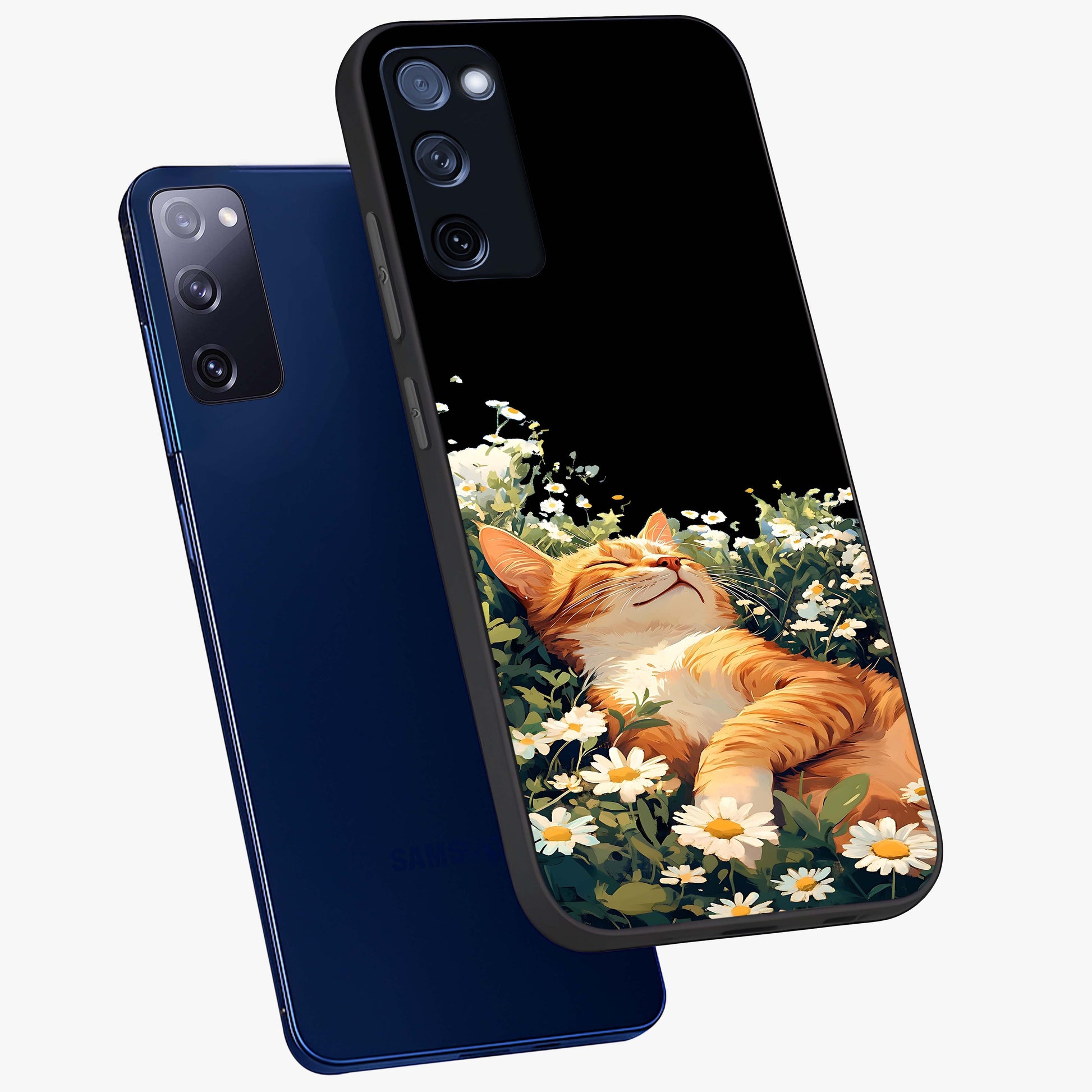 Blissful Bloom Cat Glass Case displayed in angled mockup highlighting playful feline illustration with soft floral aesthetic.