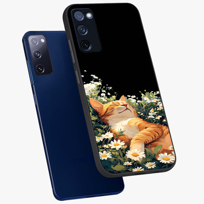 Blissful Bloom Cat Glass Case displayed in angled mockup highlighting playful feline illustration with soft floral aesthetic.