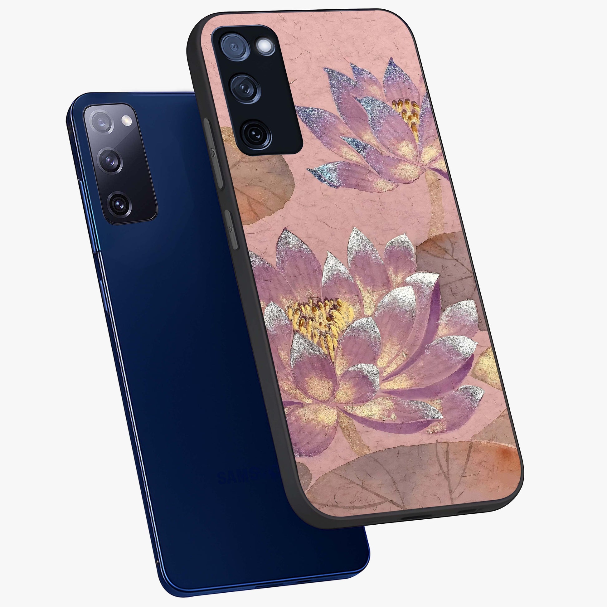 Blossom Mist Lotus Glass Case displayed in angled mockup highlighting delicate lotus illustration with calm aesthetic theme.