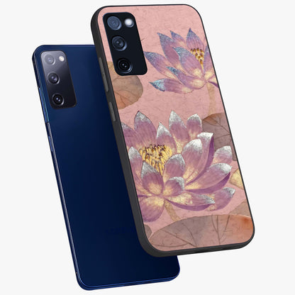 Blossom Mist Lotus Glass Case displayed in angled mockup highlighting delicate lotus illustration with calm aesthetic theme.
