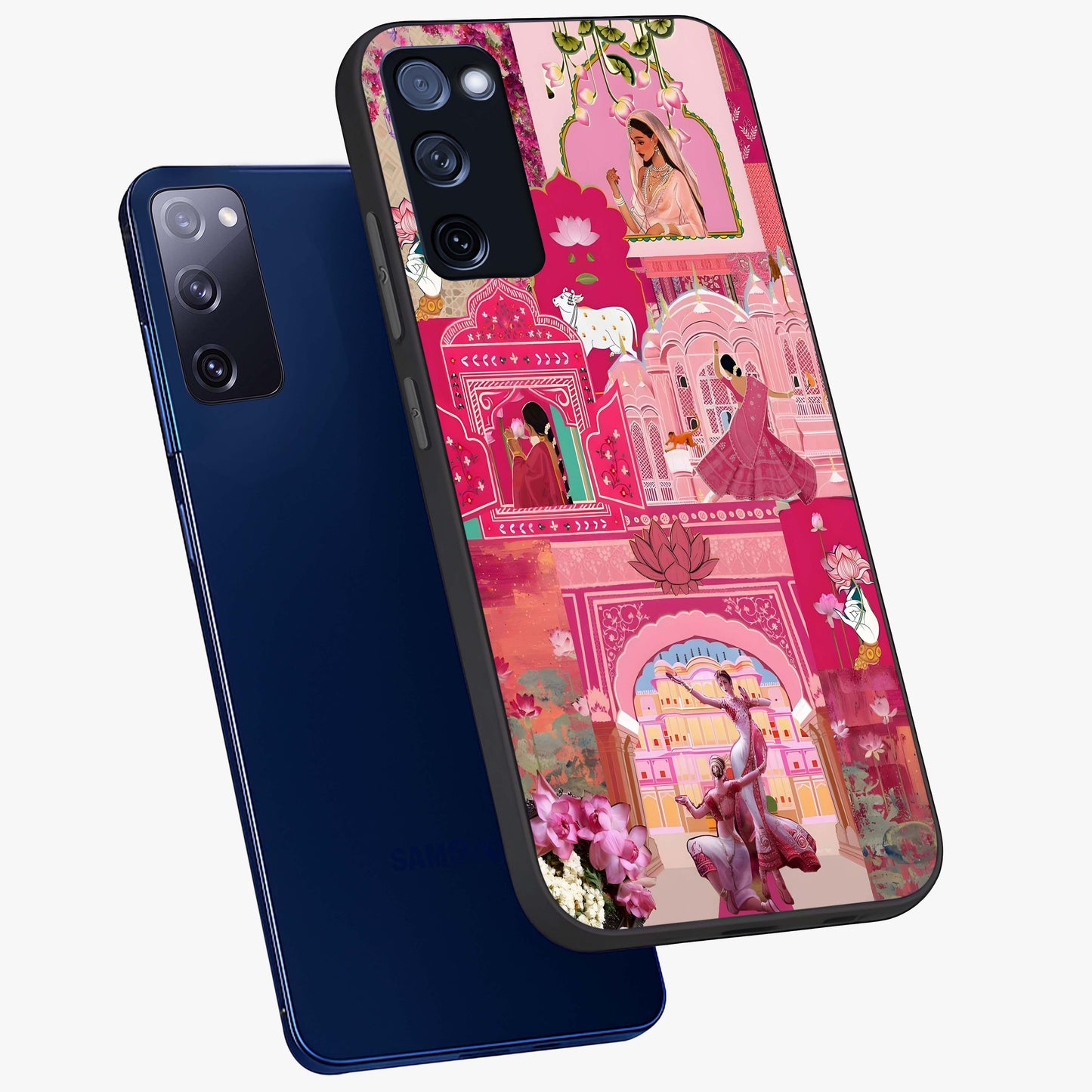 Blossoms of Rajasthan Glass Case displayed in angled mockup highlighting vibrant floral pattern with cultural aesthetic style.