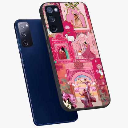 Blossoms of Rajasthan Glass Case displayed in angled mockup highlighting vibrant floral pattern with cultural aesthetic style.