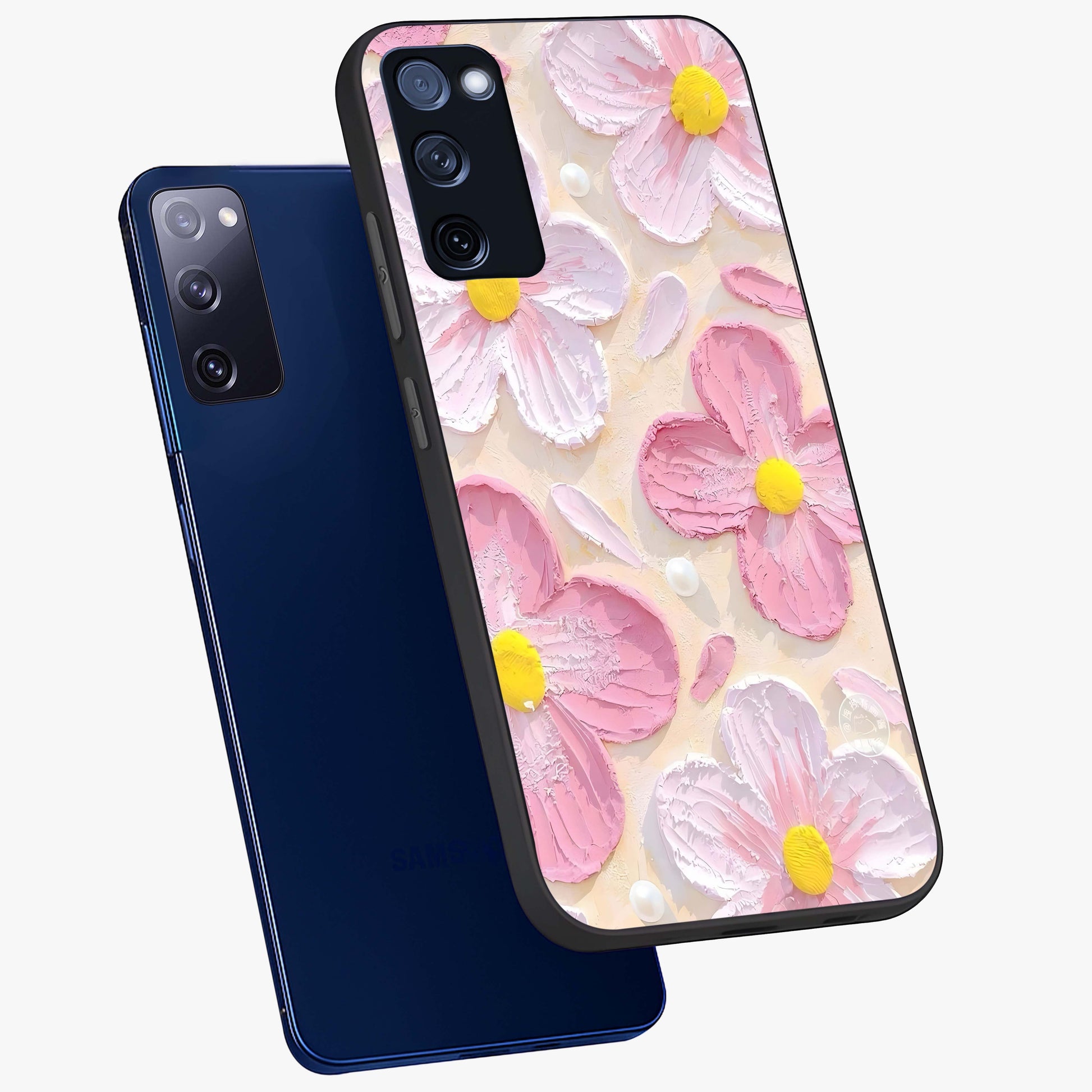Blush Bloom Texture Glass Case displayed in angled mockup highlighting subtle bloom pattern with aesthetic pastel design.