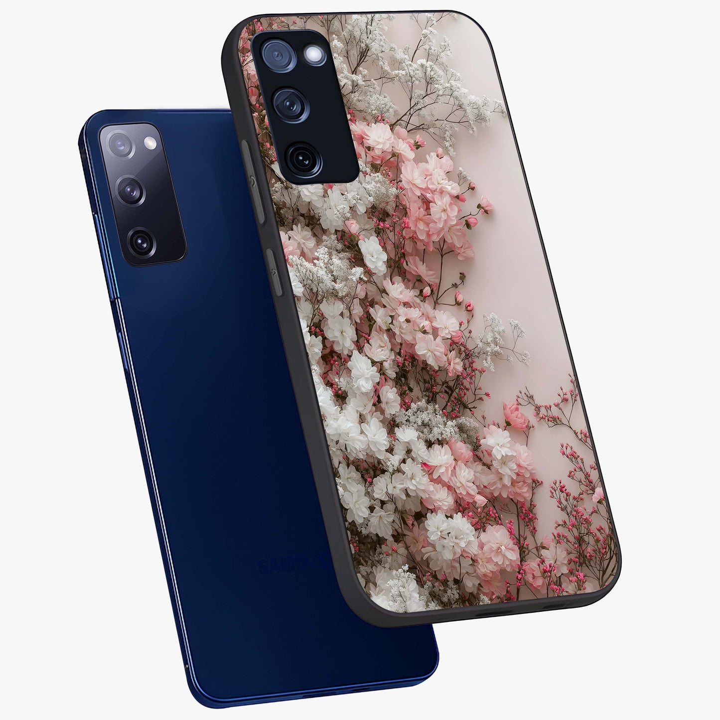 Blush Blossom Cloud Glass Case displayed in angled mockup highlighting soft cloud and blossom design with pastel aesthetic.