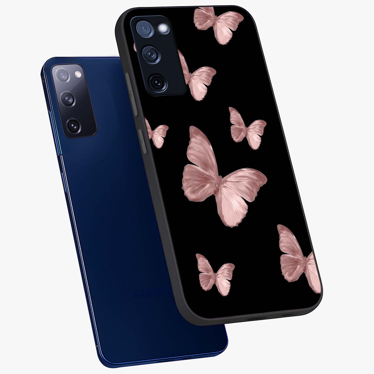 Butterfly Pattern Glass Case displayed in angled mockup highlighting delicate butterfly design and aesthetic pattern style.